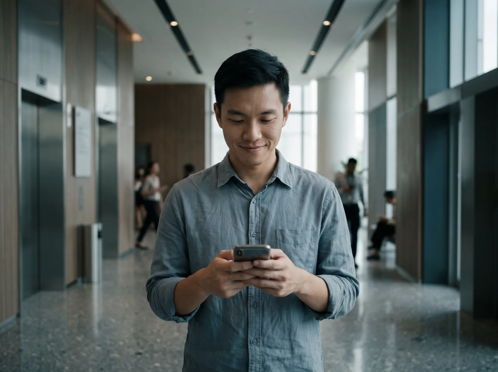 Pekerja menyemak slip gaji di telefonnya di lobi lif