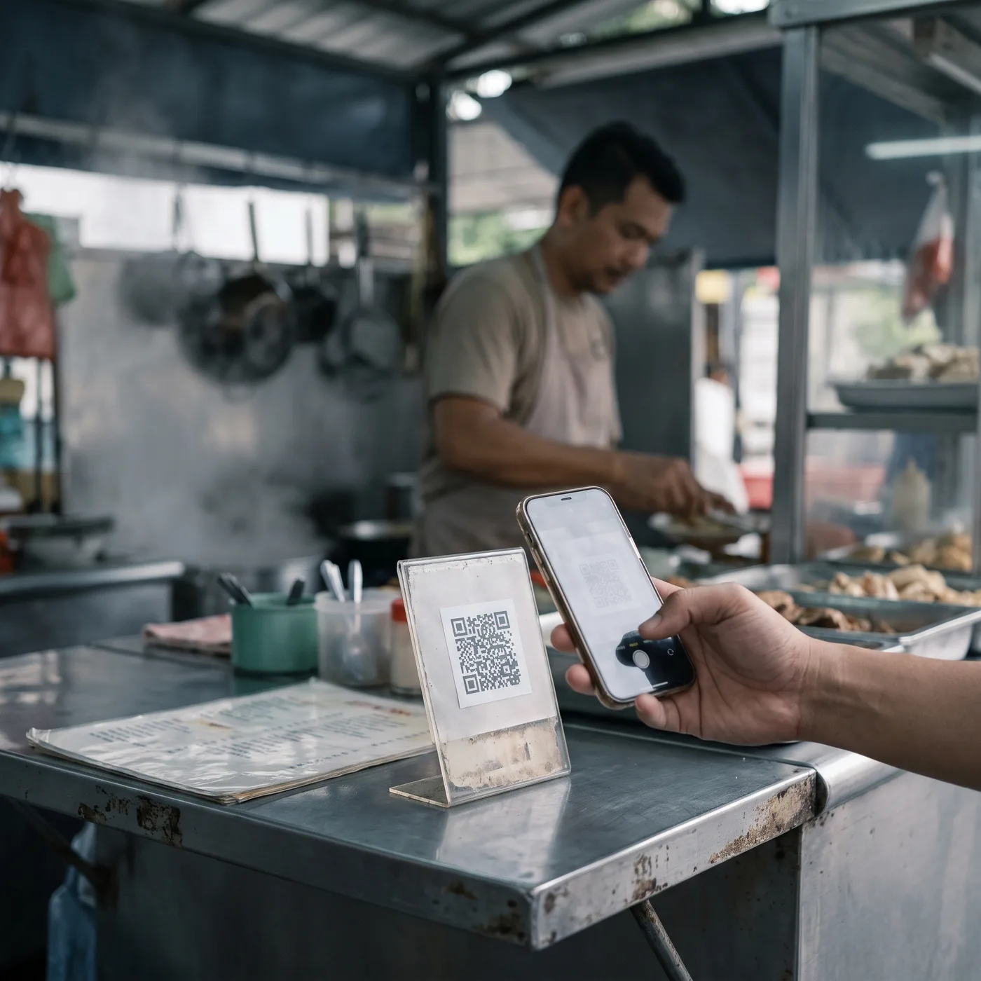 Pelanggan mengimbas kod QR untuk membayar di gerai makanan