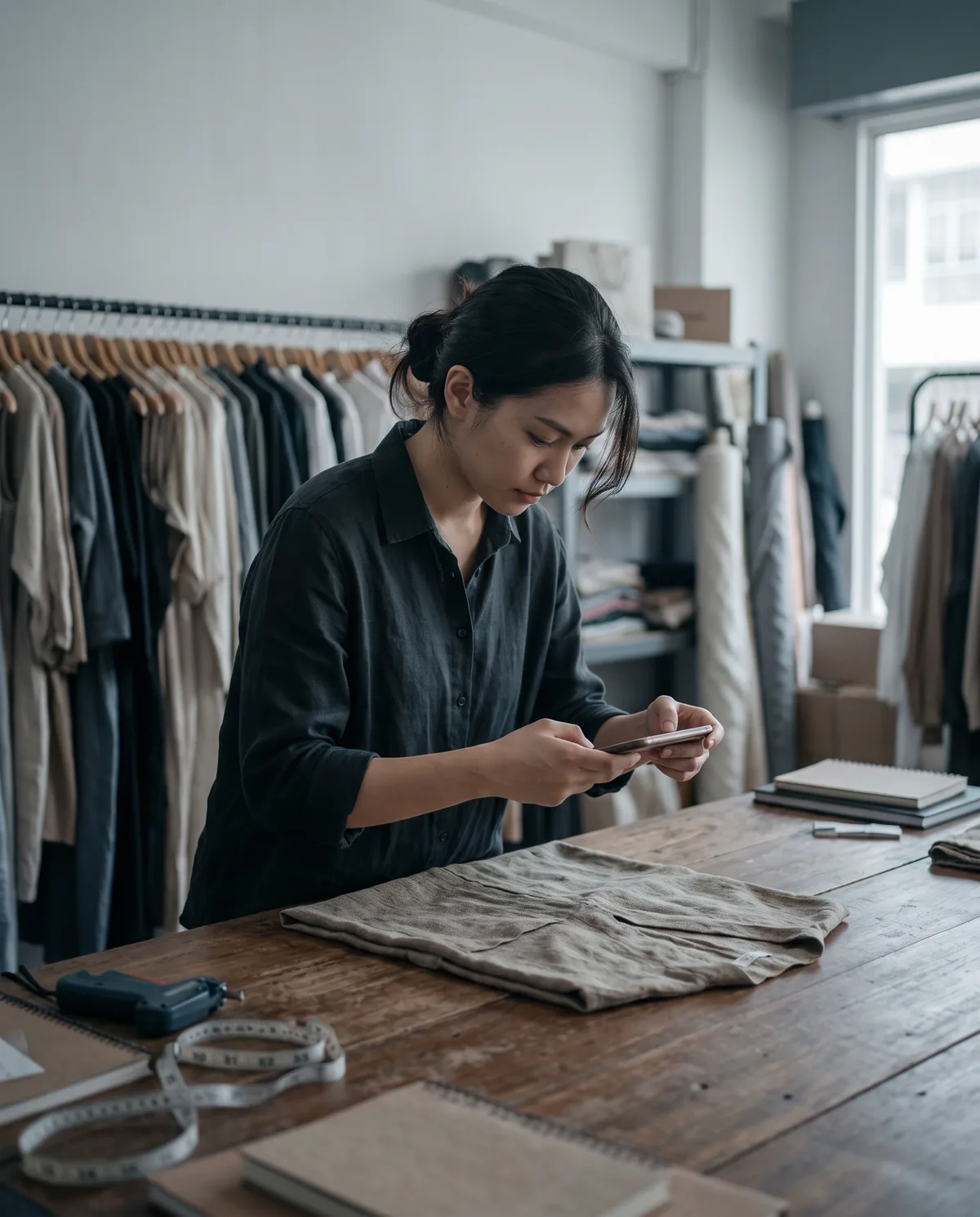 Pemilik butik mengambil gambar pakaian untuk kedai dalam taliannya