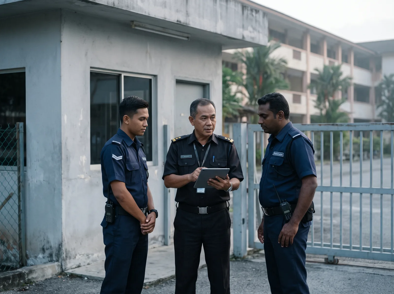 Penyelia memberi taklimat kepada pengawal keselamatan sekolah sebelum syif mereka
