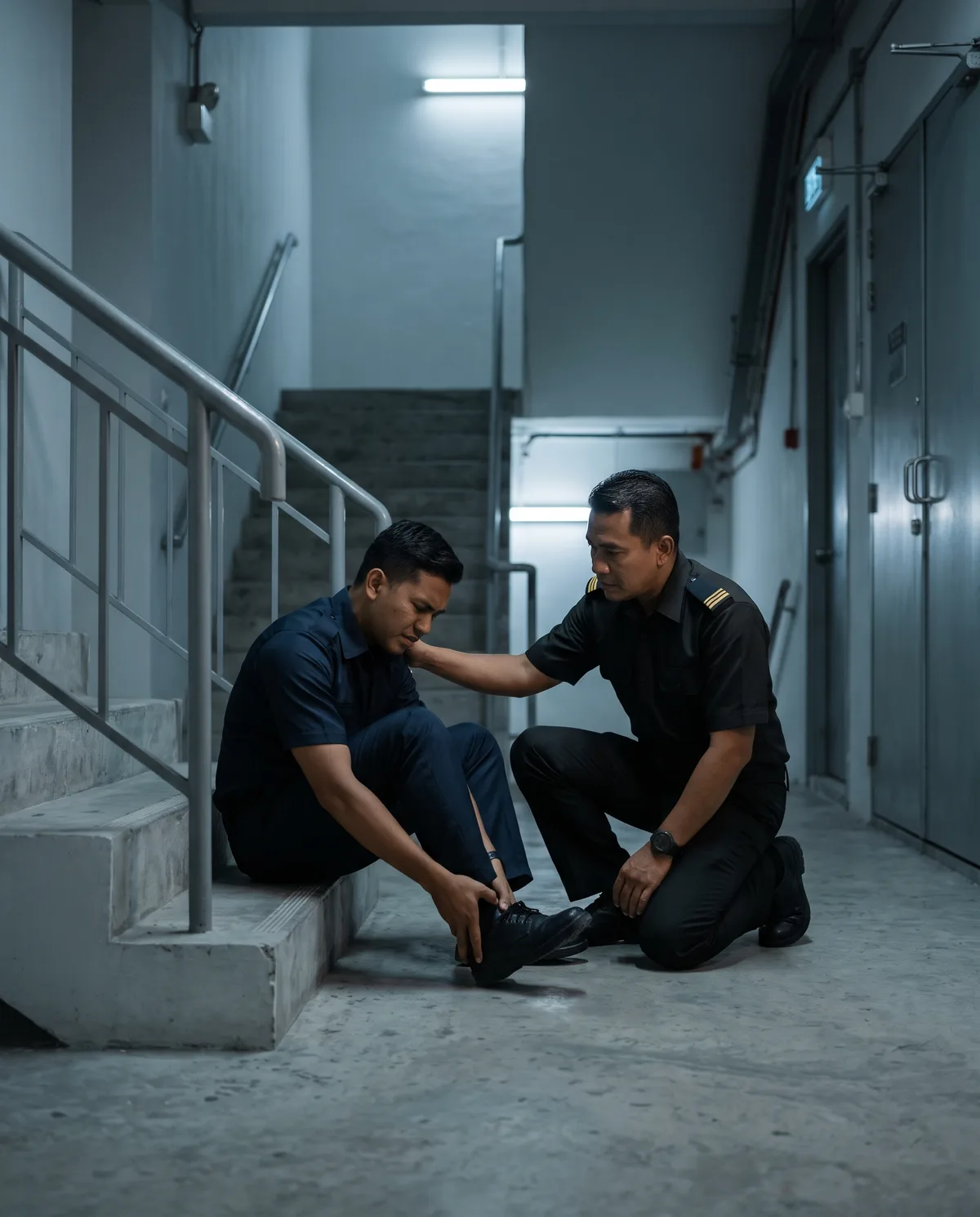Penyelia melutut untuk membantu pengawal yang terjatuh di tangga