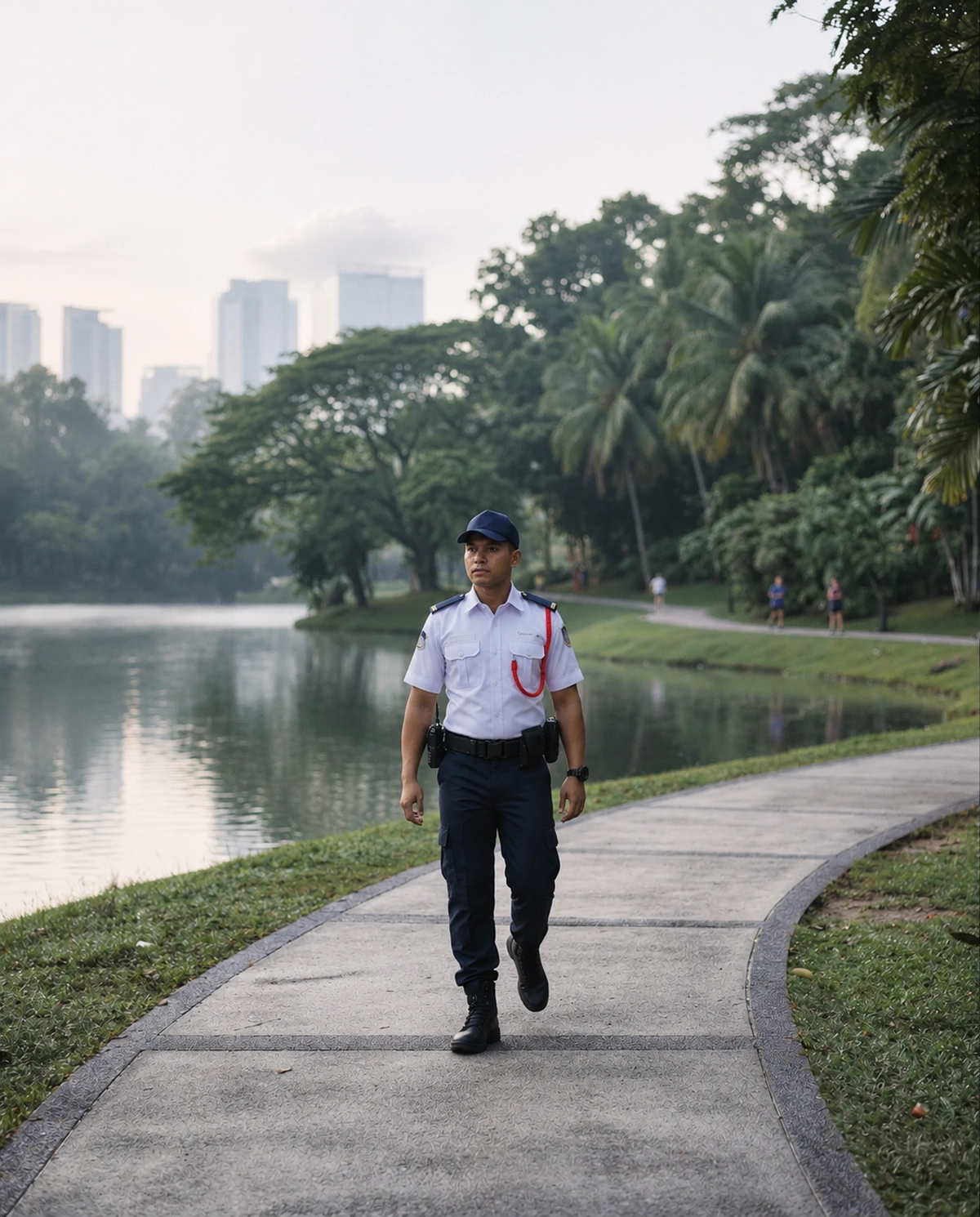 Pegawai rondaan berjalan melalui taman awam pada waktu pagi